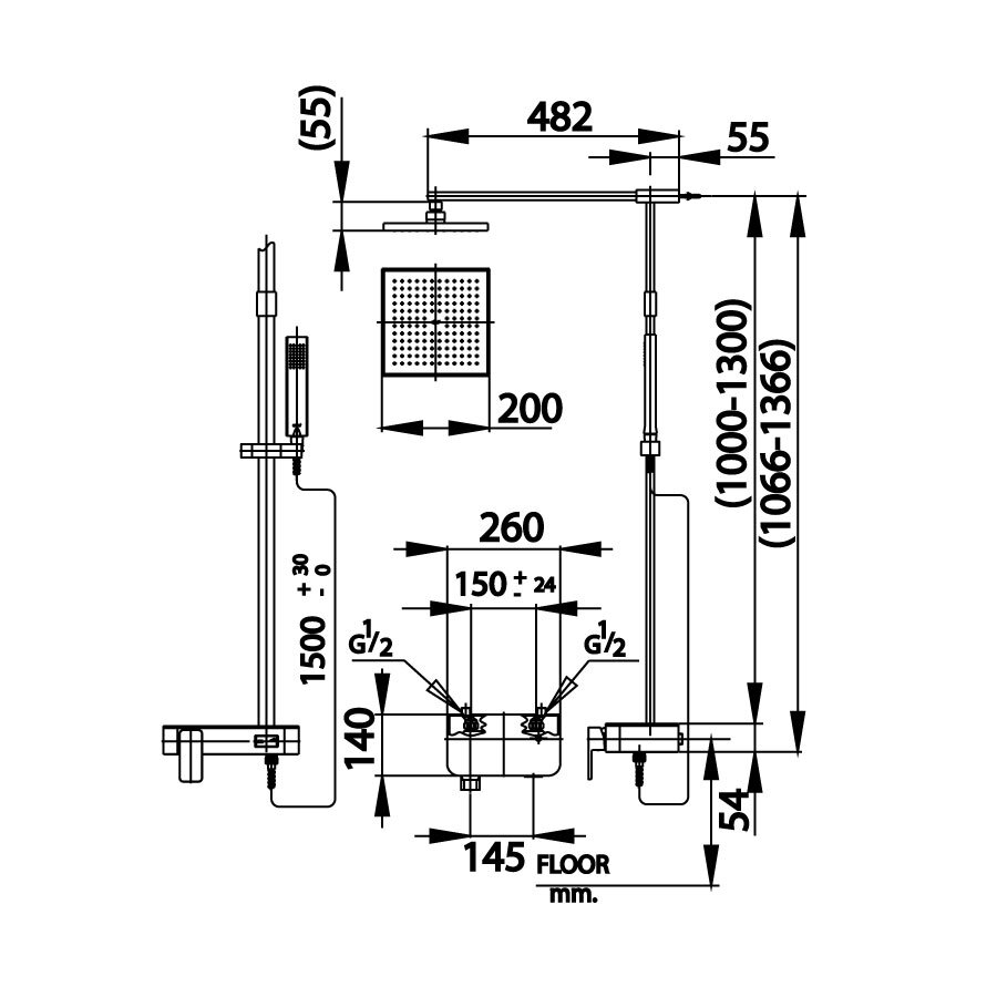 Bản vẽ kỹ thuật bộ vòi sen tắm đứng nóng lạnh COTTO CT2241W