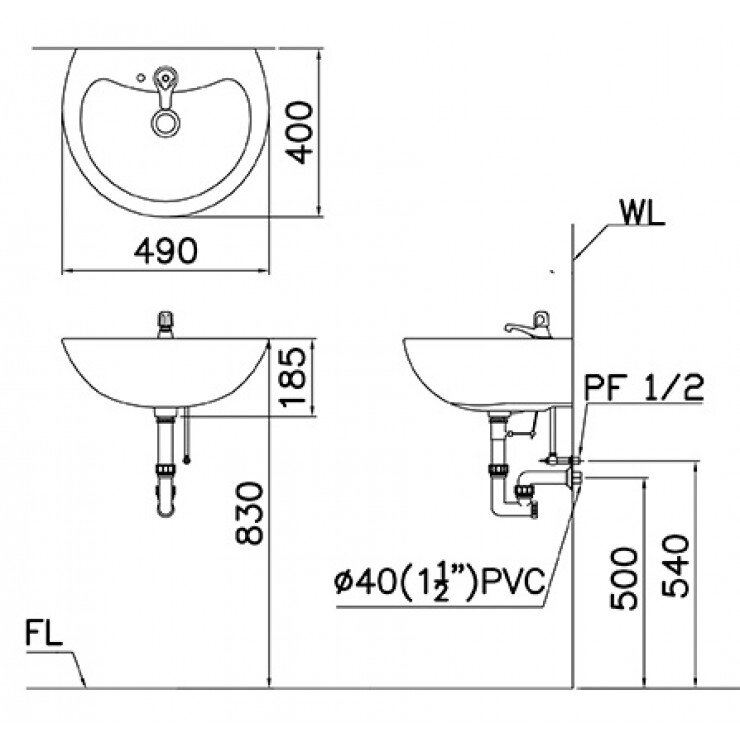 Bản vẽ kỹ thuật lavabo treo tường CAESAR L2150