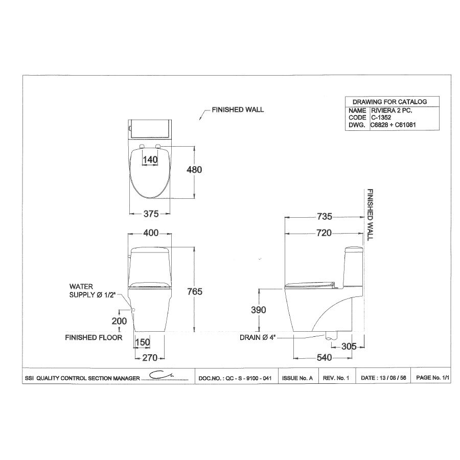 Bản vẽ kỹ thuật bồn cầu 2 khối COTTO nắp êm C13527