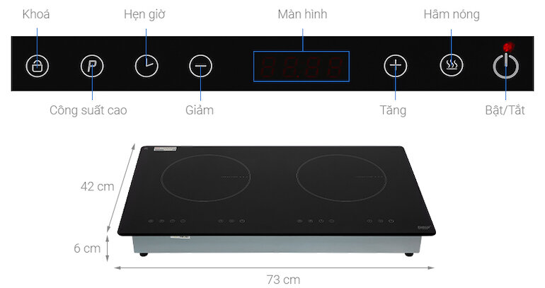 Bếp từ Lorca ta-1006c hoạt động với tổng công suất 4800W, với mỗi vùng nấu 2000/2400W.