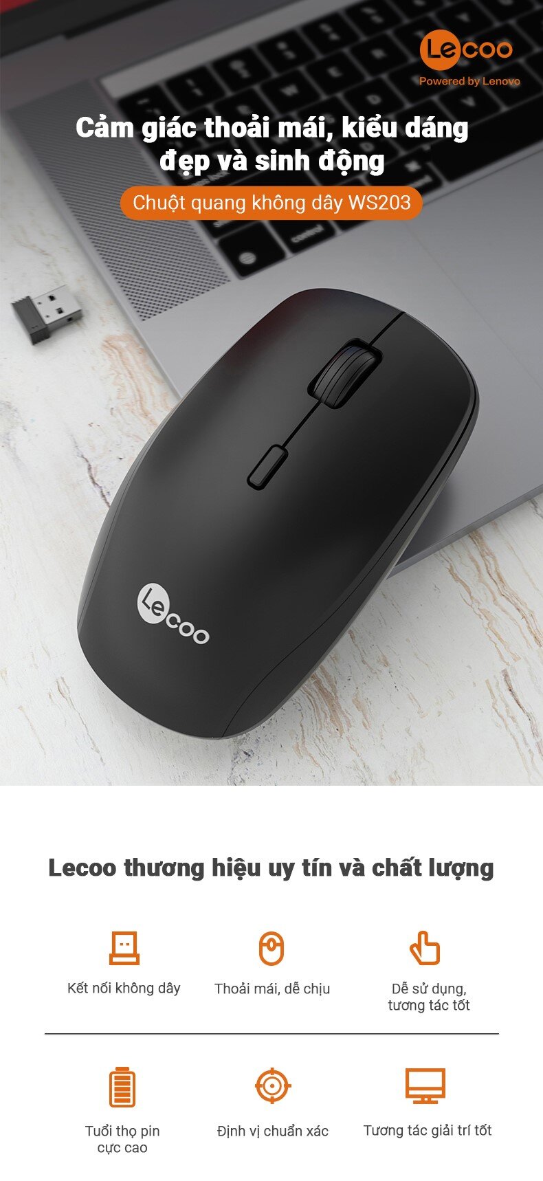 Chuột không dây Lecoo WS203 Wireless Đen