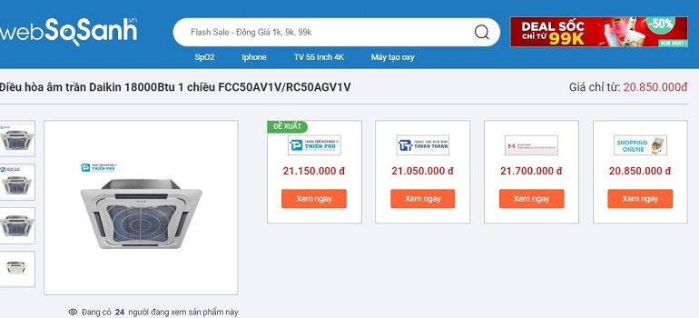 Giá điều hòa âm trần Daikin 18000Btu 1 chiều FCC50AV1V/RC50AGV1V