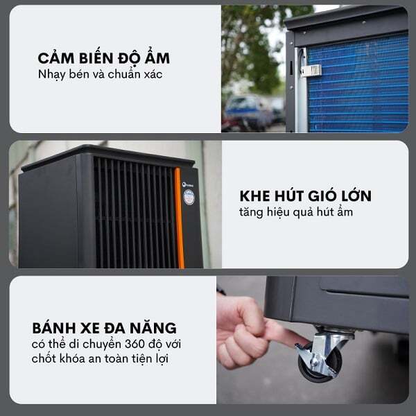 Máy hút ẩm công nghiệp Fujihaia DH150B có cảm biến độ ẩm và bánh xe di chuyển Máy hút ẩm công nghiệp Fujihaia DH150B
