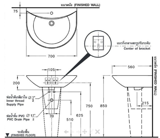 Bản vẽ kỹ thuật chậu rửa lavabo treo tường C02197 COTTO