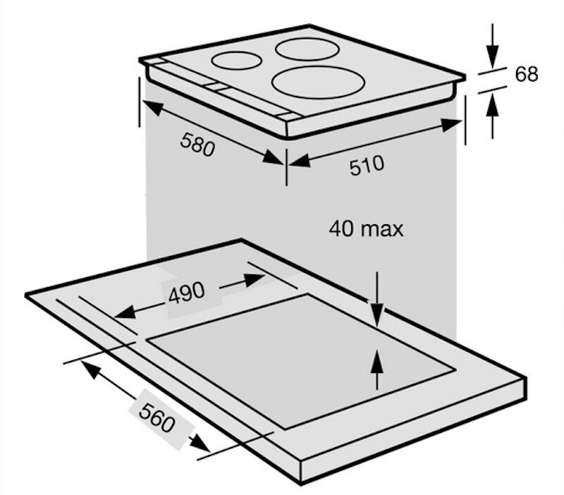 Kích thước lắp đặt bếp từ hồng ngoại âm 3 vùng nấu Fagor I-230TS (Ảnh: bepphuongdong).