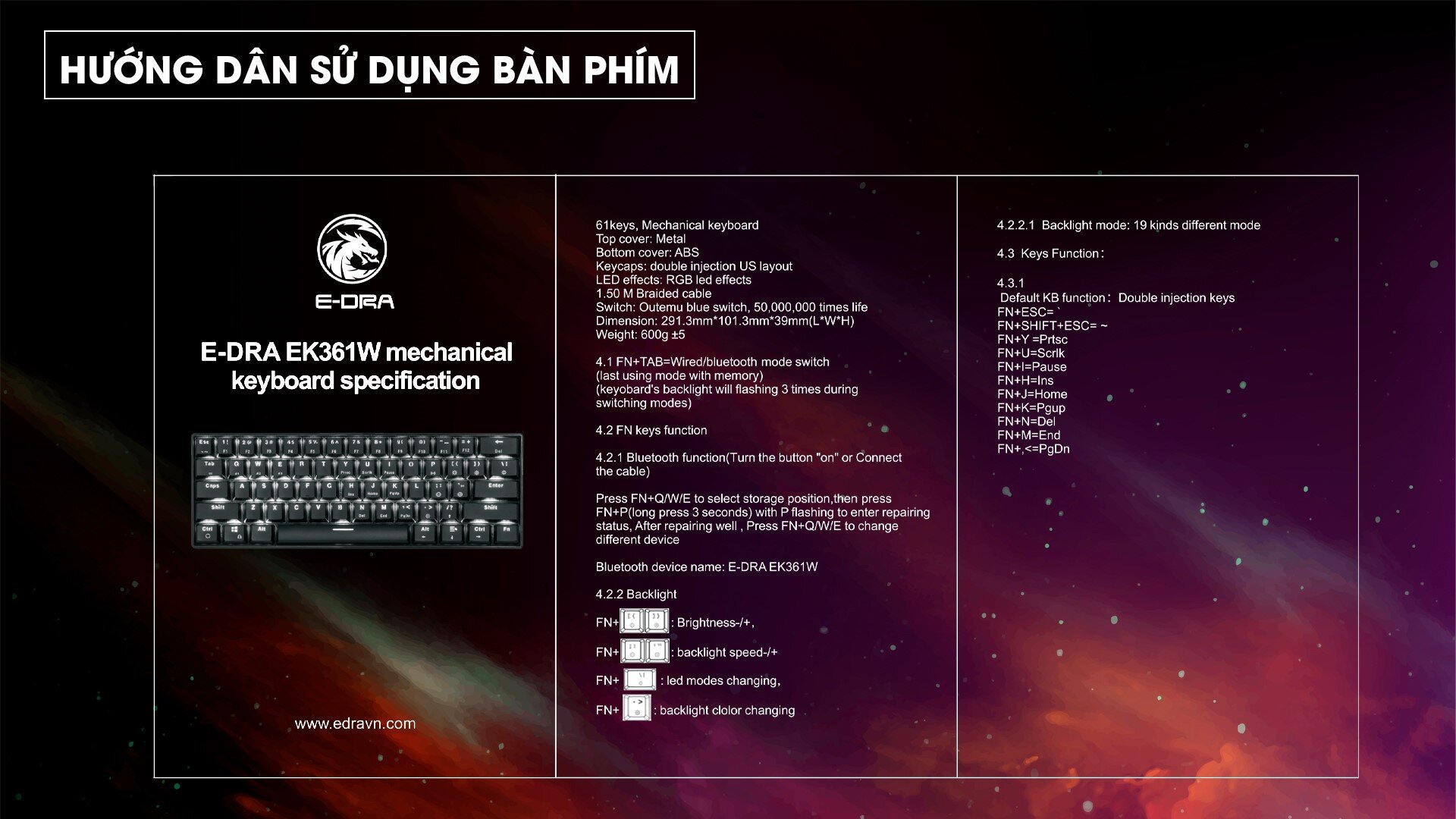 Bàn phím cơ không dây Edra EK361W V2 RGB Trắng