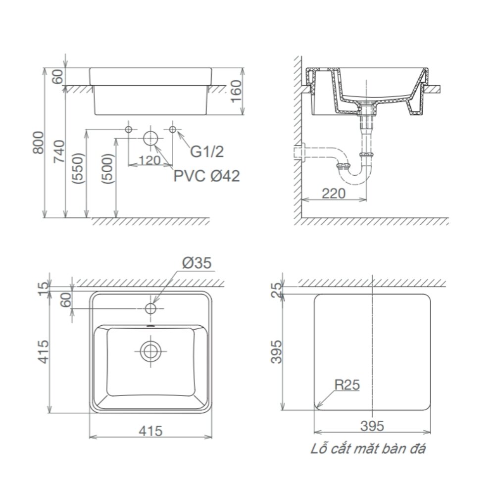 Bản vẽ kỹ thuật chậu lavabo dương vành Viglacera V24