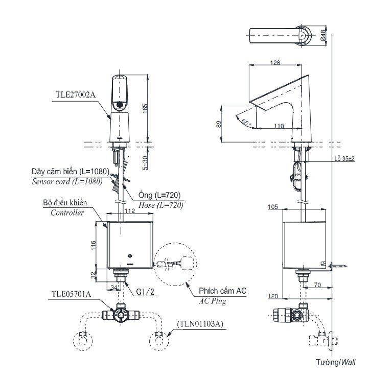 Bản vẽ kích thước vòi TOTO TLE27002A-TLE01502A1-TLN01103A-TLE05701A 220V