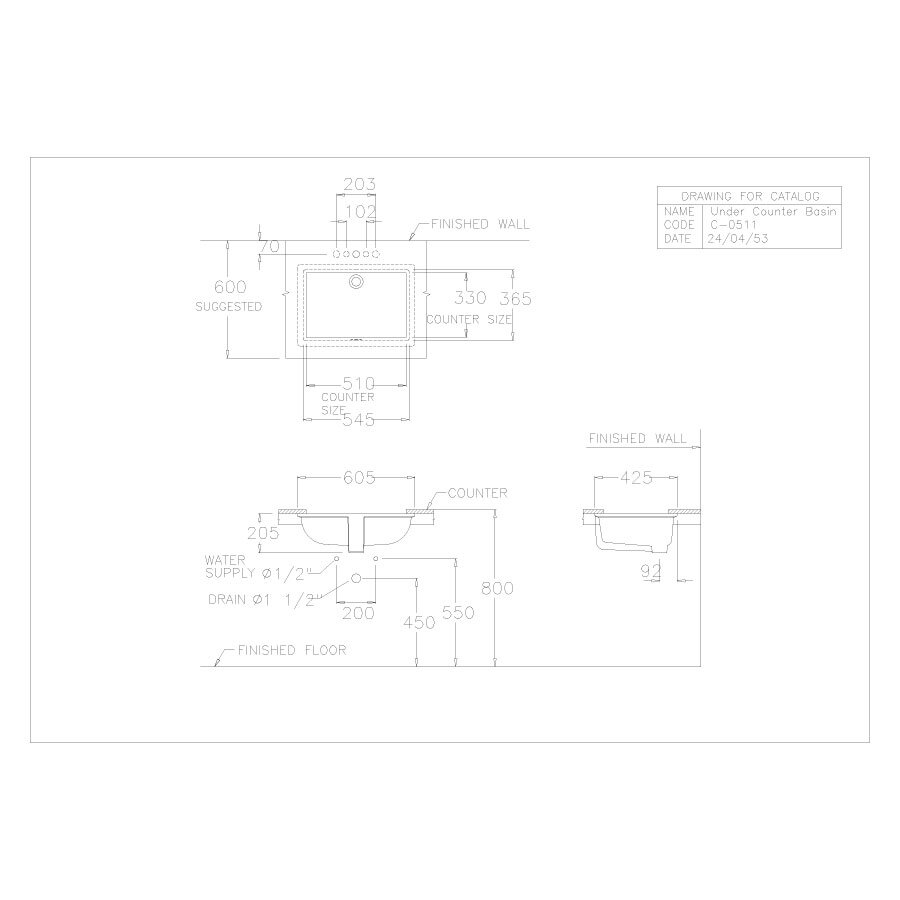 Bản vẽ kỹ thuật chậu rửa lavabo COTTO âm bàn C05117