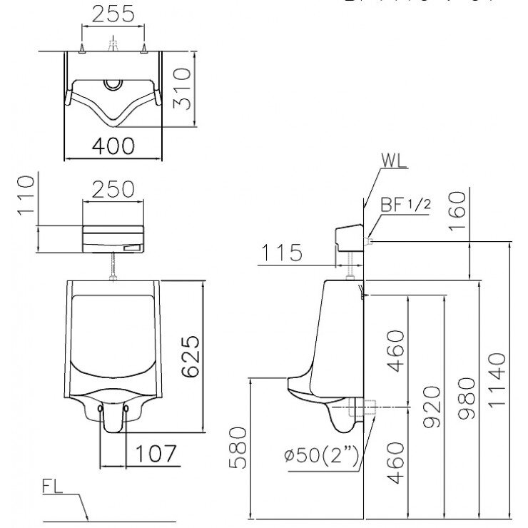 Bản vẽ kỹ thuật chậu tiểu nam U0240 Caesar