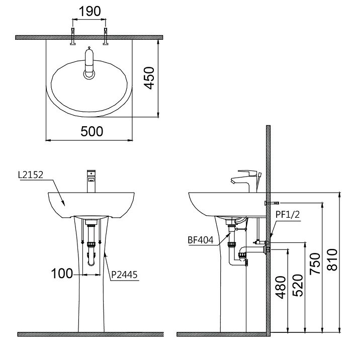 Bản vẽ kỹ thuật Chân lavabo CAESAR P2445