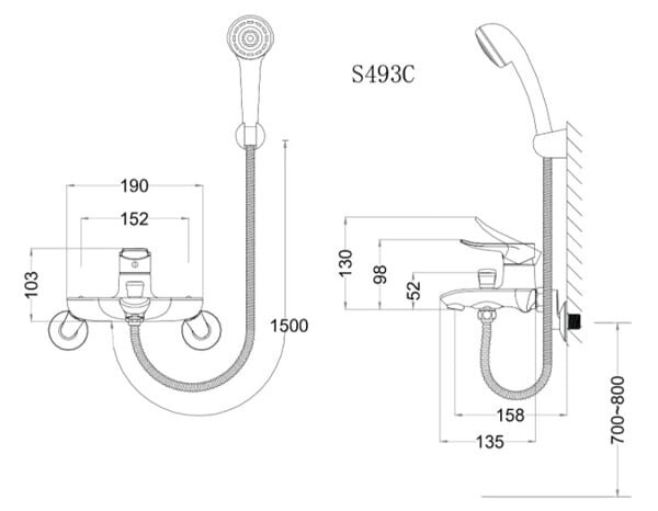 Bản vẽ kích thước Vòi sen tắm nóng lạnh Caesar S493C Vòi sen tắm nóng lạnh Caesar S493C