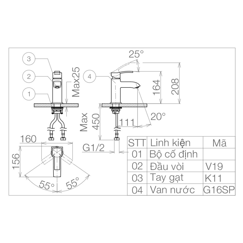 Bản vẽ kỹ thuật vòi chậu lavabo nóng lạnh Viglacera VG111