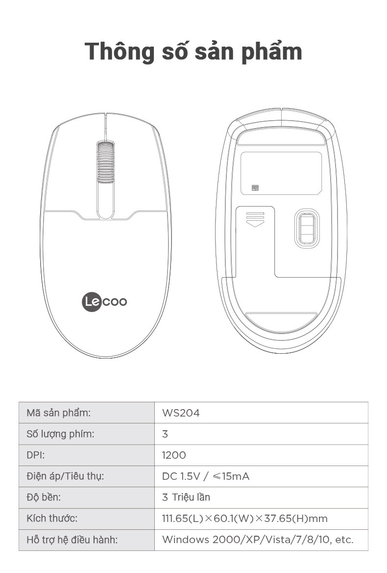 Chuột không dây Lecoo WS204 (USB)
