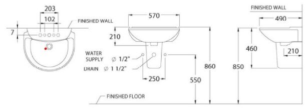 Bản vẽ kỹ thuật chậu rửa lavabo COTTO treo tường C0237