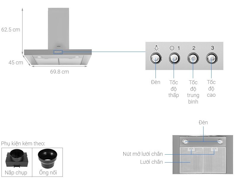 Máy hút khử mùi Hafele HH-WI70B được trang bị 2 đèn LED chiếu sáng