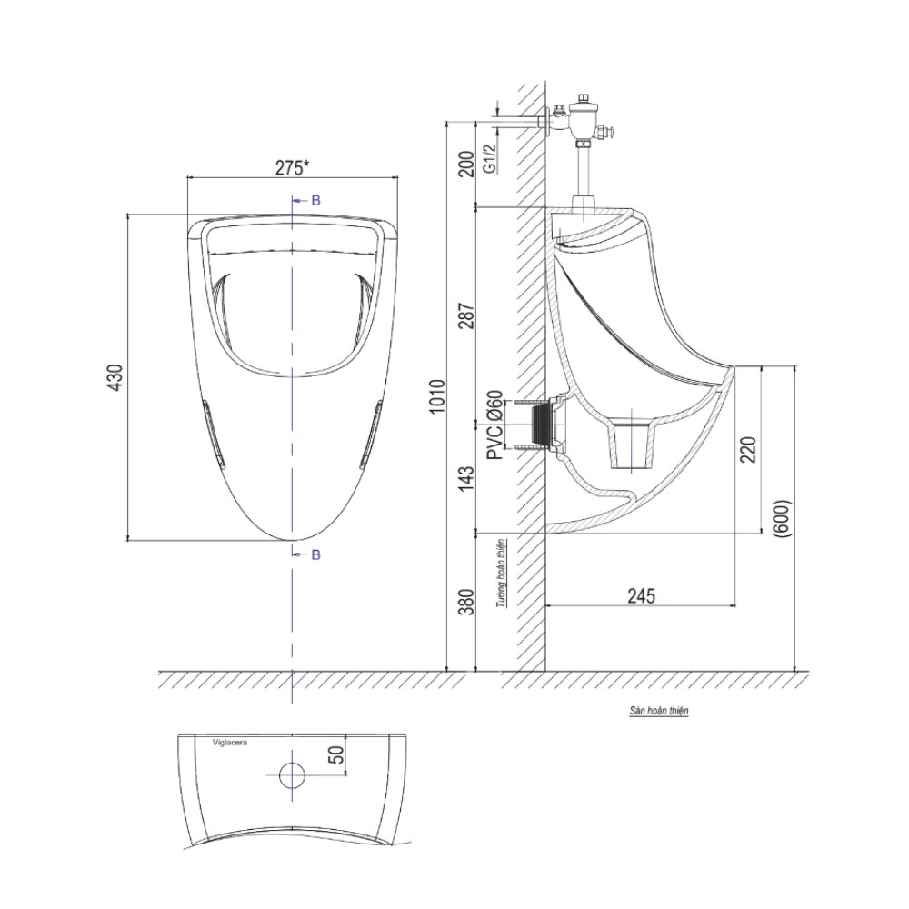 Bản vẽ kỹ thuật bồn tiểu nam treo tường Viglacera TT3