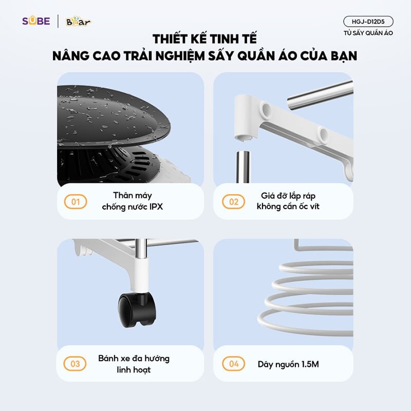 Tủ sấy quần áo Bear HGJ-D12D5 tỉ mỉ tới từng chi tiết