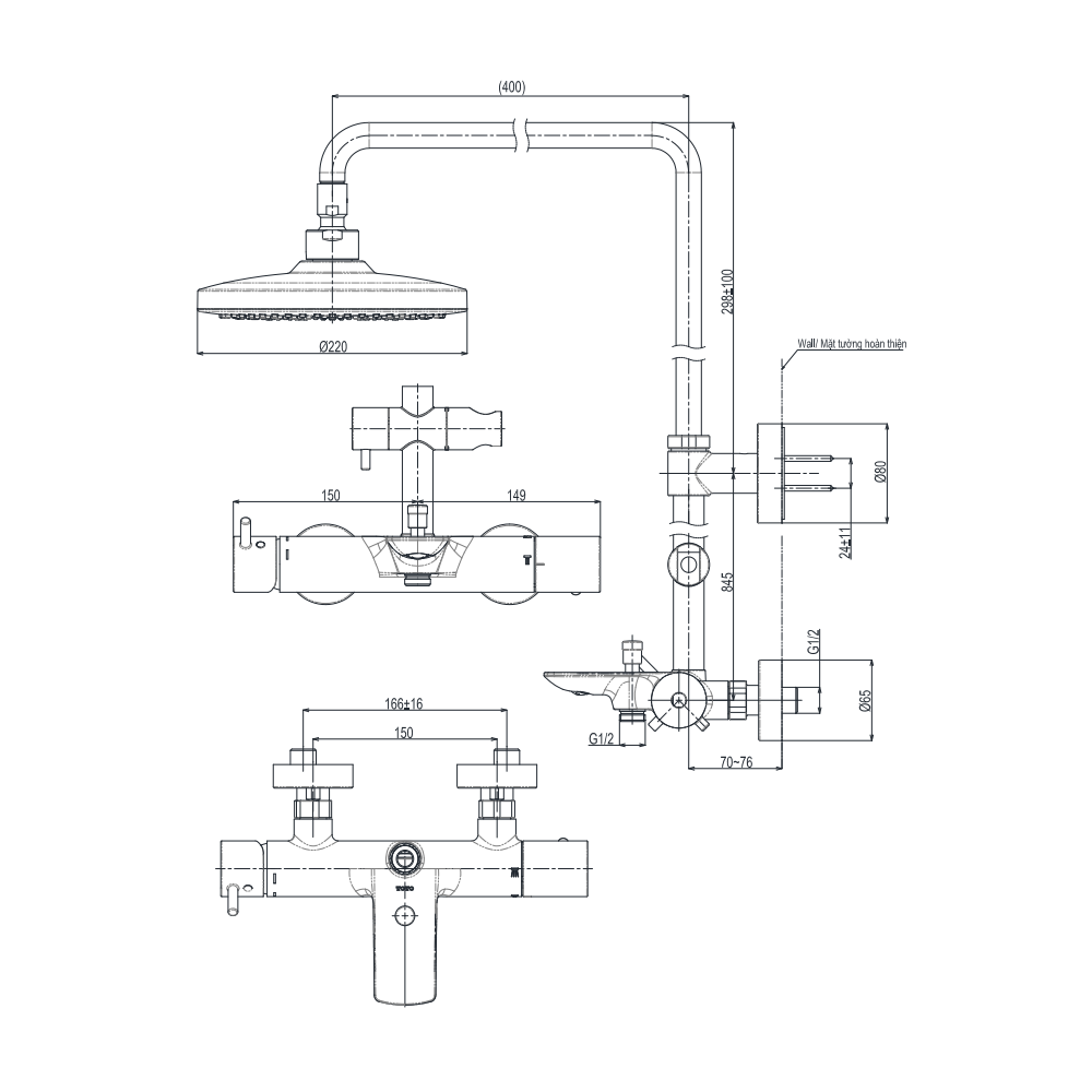 Bản vẽ kỹ thuật vòi sen tắm đứng kèm vòi xả bồn TOTO TBW01301AB