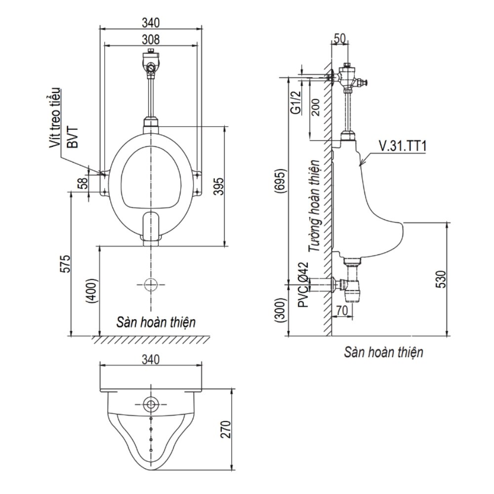 Bản vẽ kỹ thuật bồn tiểu nam Viglacera TT1