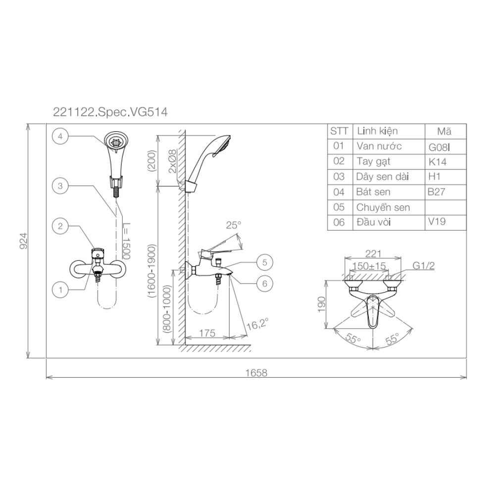 Bản vẽ kỹ thuật sen tắm nóng lạnh Viglacera VG514