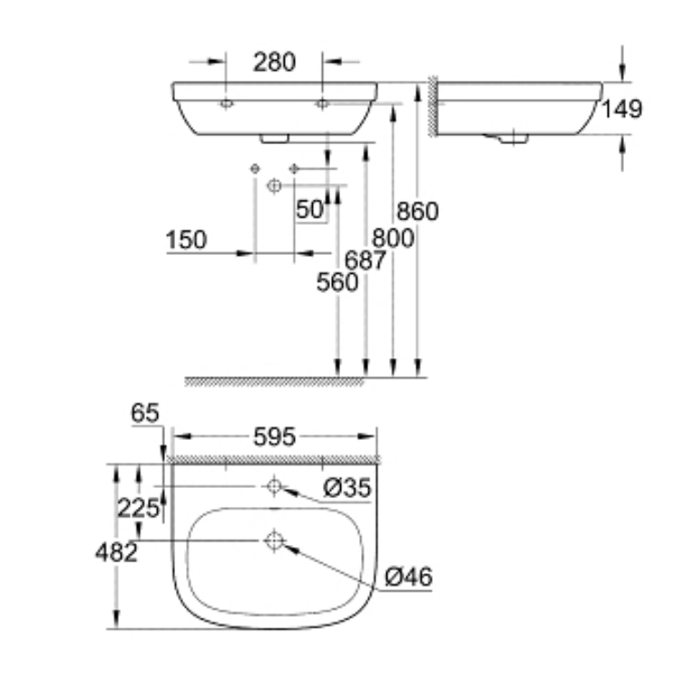 Bản vẽ kỹ thuật chậu rửa mặt lavabo treo tường Euro Ceramic Lavabo 3933500H