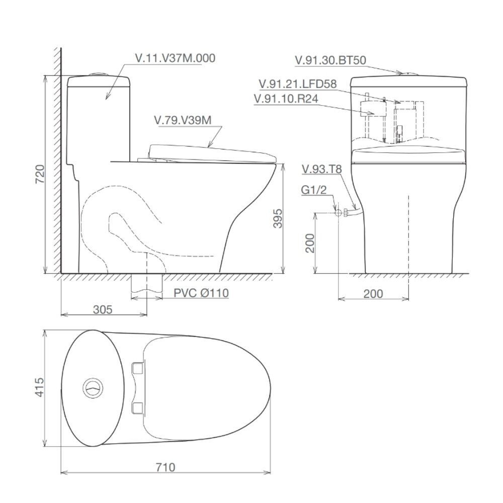 Bản vẽ kỹ thuật bồn cầu 1 khối Viglacera V37M nắp êm (+ vòi xịt VG826)