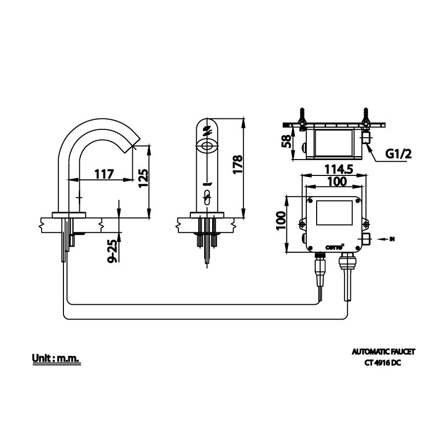 Bản vẽ kỹ thuật vòi lavabo cảm ứng COTTO dùng pin CT4916DC