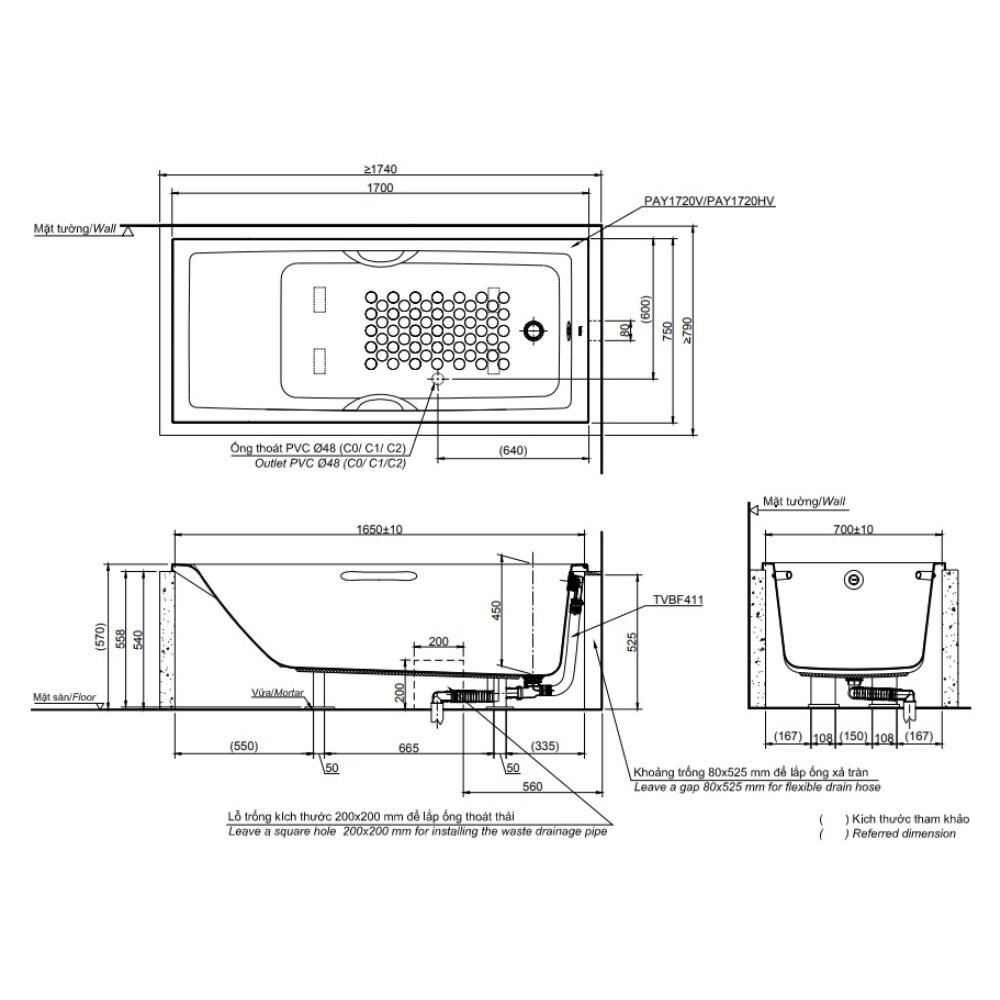 Bản vẽ kỹ thuật của bồn tắm nhựa không chân TOTO PAY1720HV#W/TVBF411