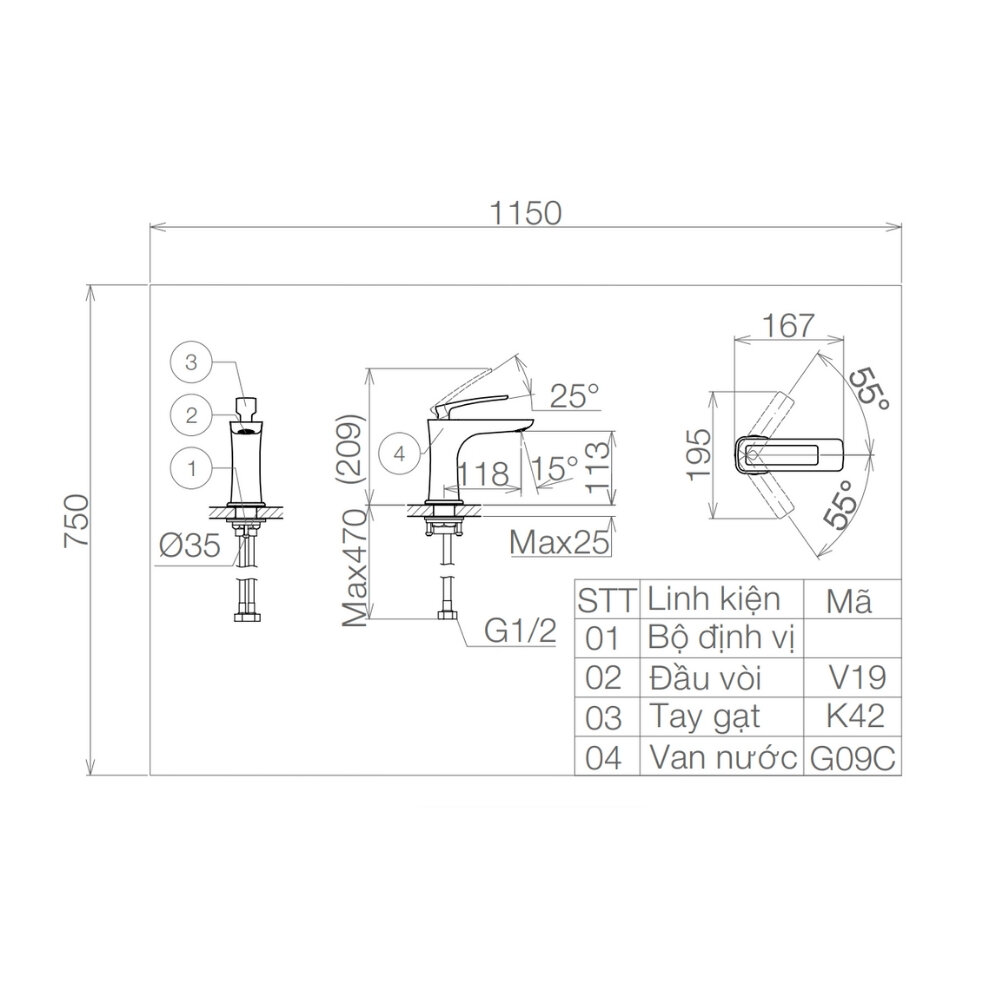 Bản vẽ kỹ thuật vòi chậu lavabo nóng lạnh Viglacera VG142