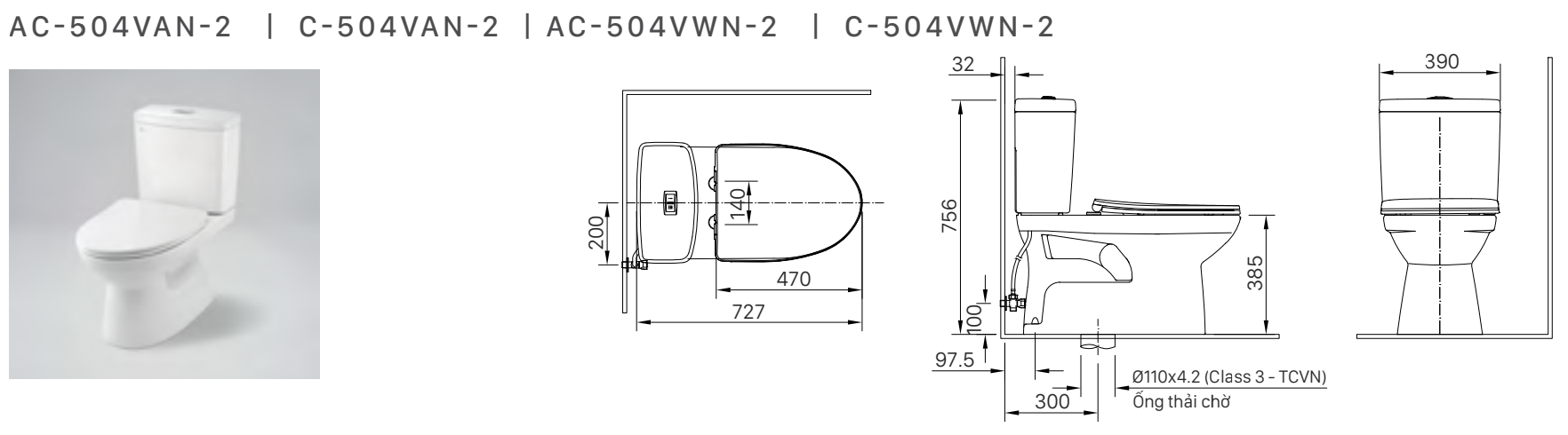 Bồn cầu INAX C-504 bản vẽ kỹ thuật