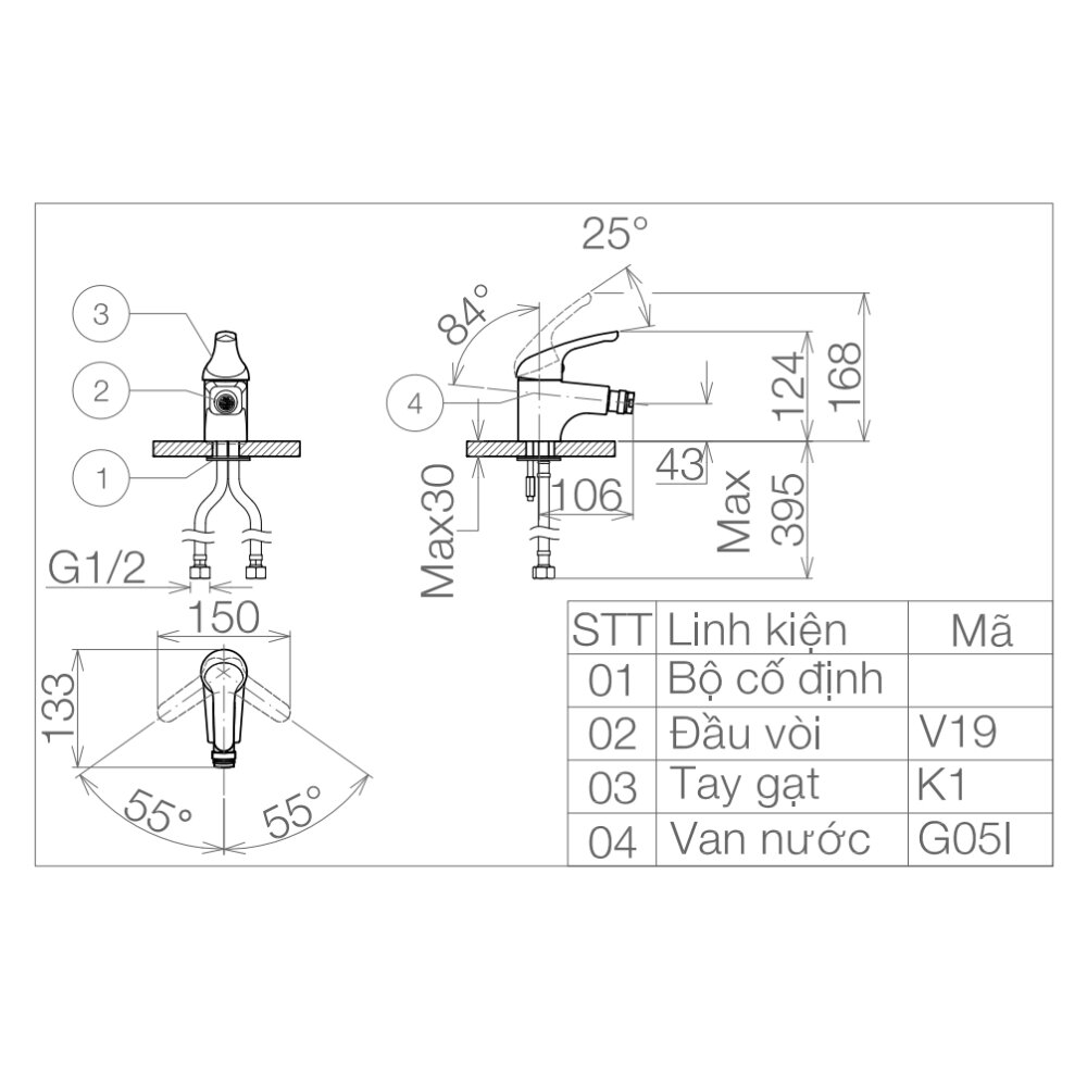 Bản vẽ kỹ thuật vòi tiểu nữ Viglacera VG101