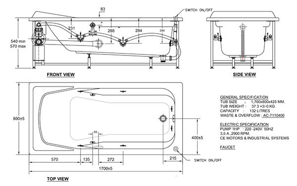 Bản vẽ kỹ thuật bồn tắm xây massage Tonca 1.7m American Standard 7220100-WT