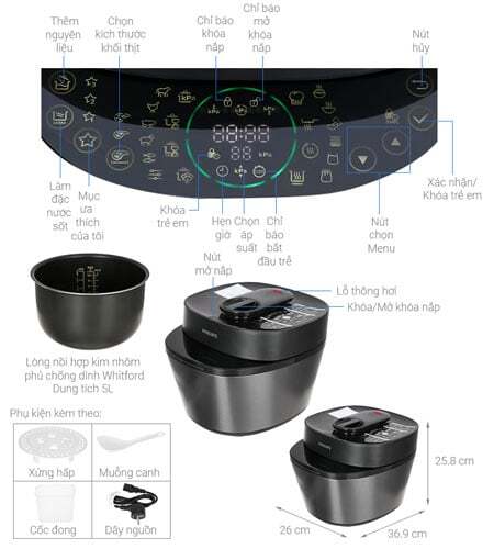 Cấu tạo của nồi áp suất điện Philips HD2151/66 5 lít Cấu tạo của nồi áp suất điện Philips HD2151/66 5 lít