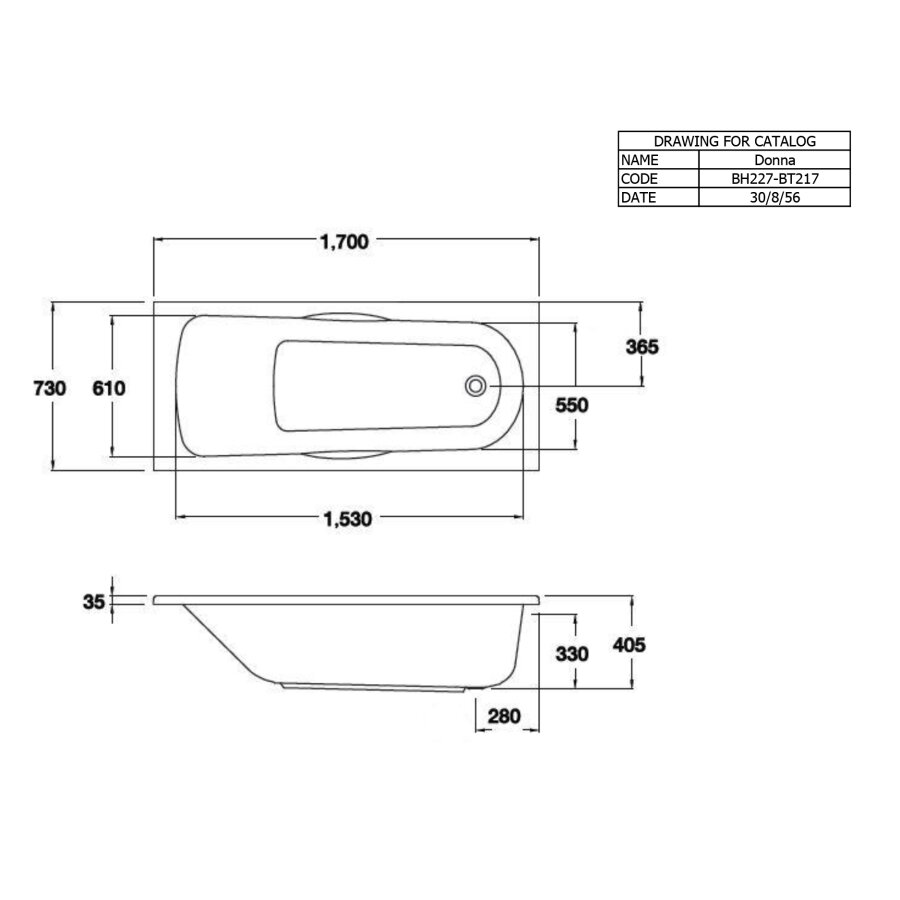 Bản vẽ kỹ thuật bồn tắm xây COTTO tay vịn 1m7 BH227PP(H)