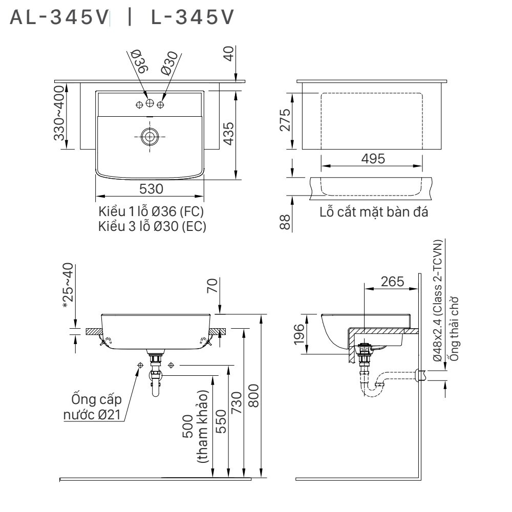 Bản vẽ kỹ thuật chậu rửa Lavabo INAX bán âm bàn men Aquaceramic AL-345V