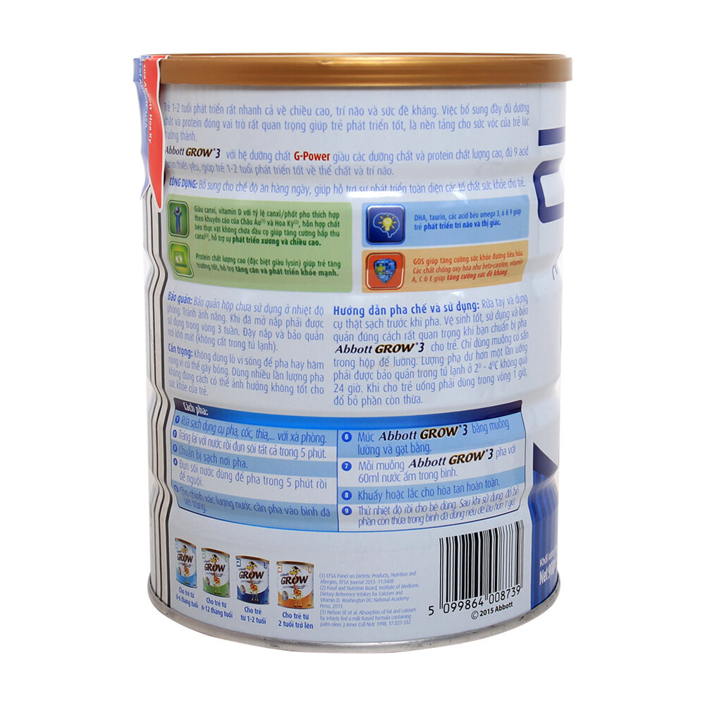  Sữa Abbott Grow 3 hương Vani 900g (1 - 2 tuổi)