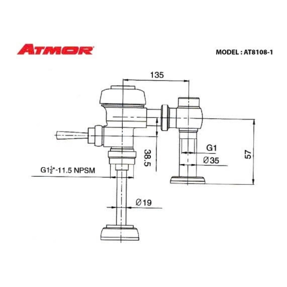 Bản vẽ kỹ thuật van xả gạt bồn tiểu nam ATMOR AT8108-1