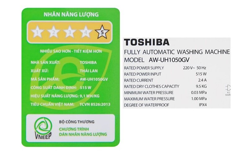 Máy giặt Toshiba lồng đứng inverter 9,5 kg AW-UH1050GV tiết kiệm điện