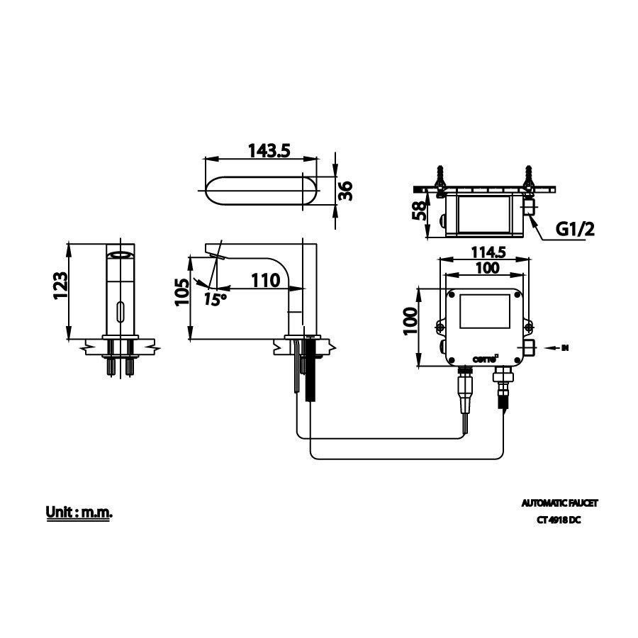 Bản vẽ kỹ thuật vòi lavabo cảm ứng COTTO dùng pin CT4918DC