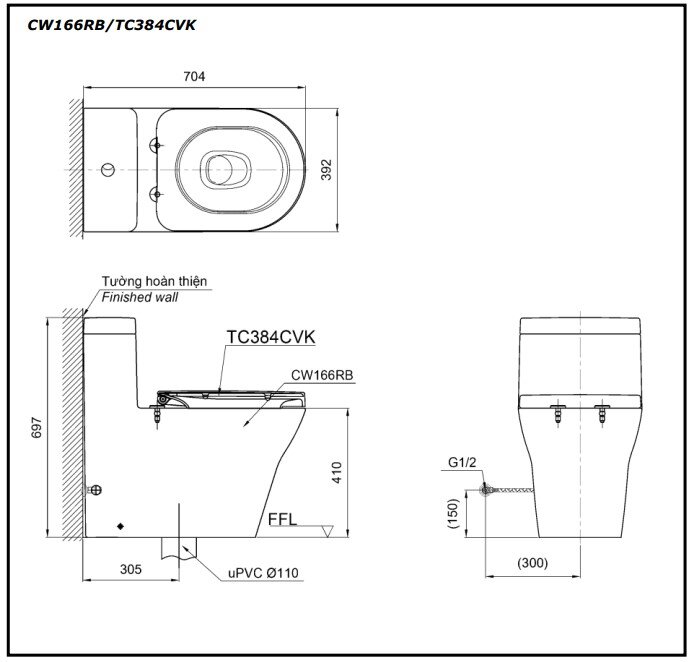 Bản vẽ kỹ thuật bồn cầu TOTO CW166RB 1 khối nắp êm