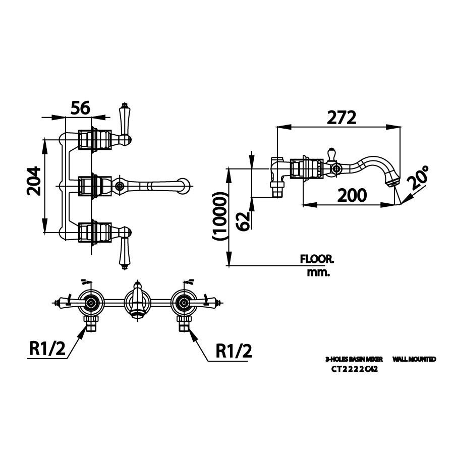 Bản vẽ kỹ thuật vòi chậu lavabo COTTO CT2222C42 nóng lạnh gắn tường Glamis
