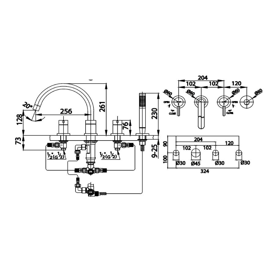 Bản vẽ kỹ thuật vòi xả bồn nóng lạnh COTTO 4 lỗ