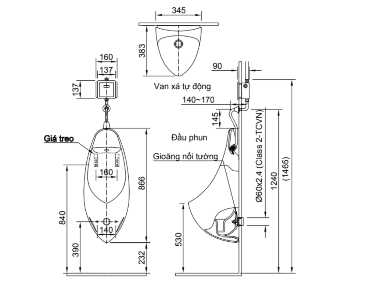 Bản vẽ kỹ thuật của bồn tiểu nam INAX U-517V