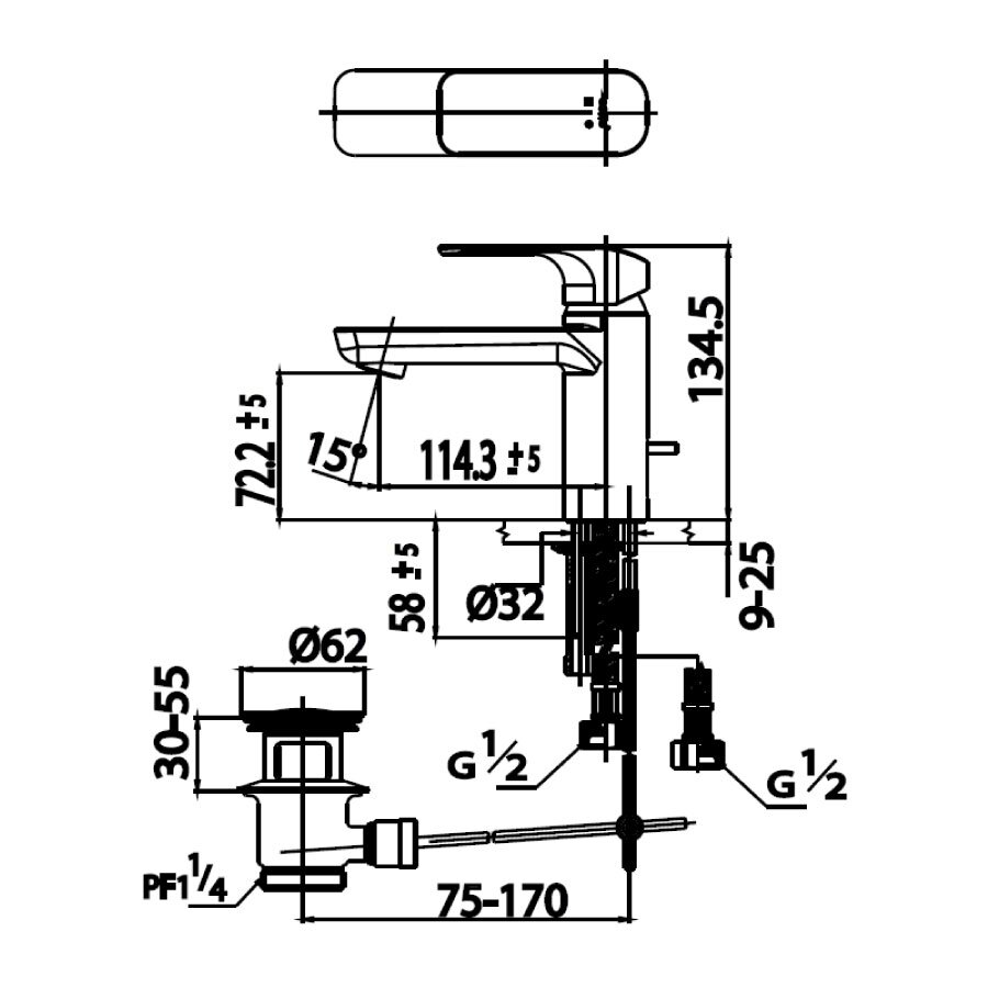 Bản vẽ kỹ thuật vòi chậu lavabo COTTO CT2123A nóng lạnh