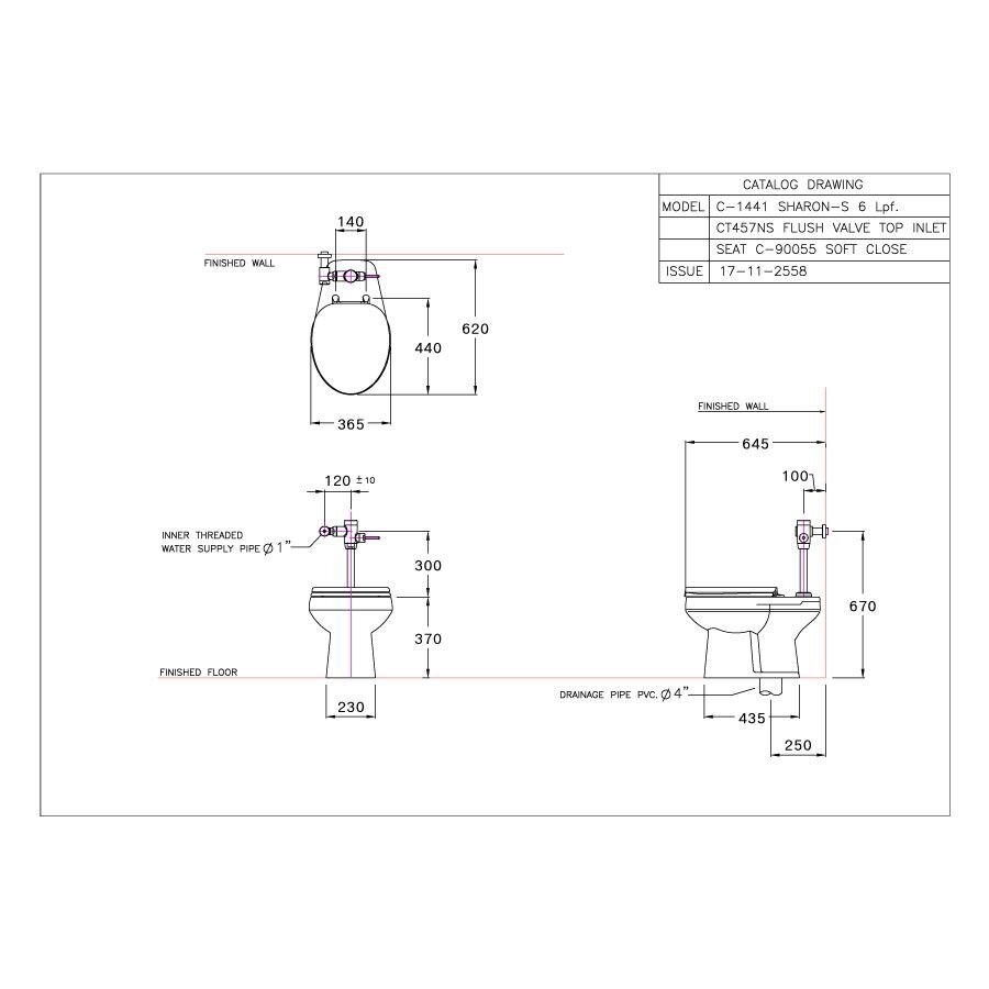 Bản vẽ kỹ thuật bồn cầu đặt sàn COTTO C1441 van xả trực tiếp Sharon nắp đóng êm