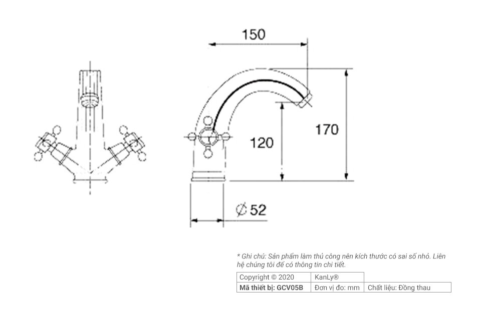 Vòi chậu lavabo nóng lạnh bằng đồng Kanly