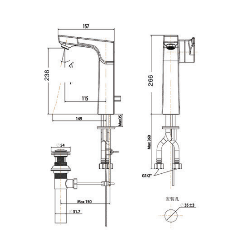 Bản vẽ kỹ thuật vòi lavabo nóng lạnh American Standard cổ cao WF-0802