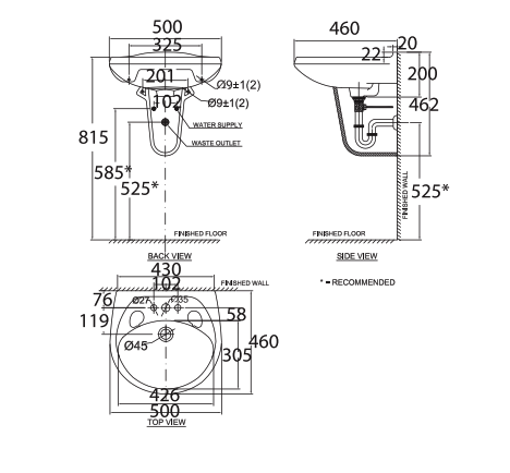 Bản vẽ kỹ thuật chậu rửa treo tường VF-0969.3H / VF-0969.1H American Standard