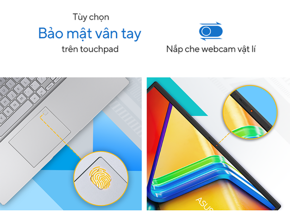 Asus Vivobook A1505VA-L1491W được trang bị cảm biến vân tay và có nắp che webcam